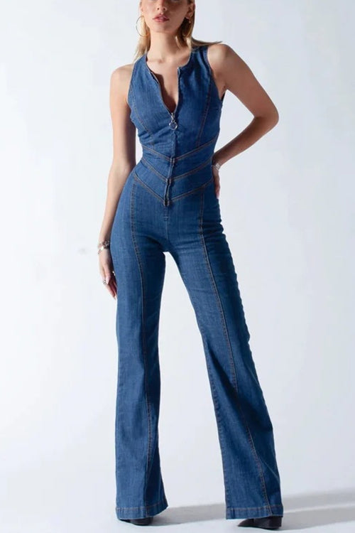 Trixiedress Zip Up Sleeveless Heart Back Bell Bottom Denim Jumpsuit