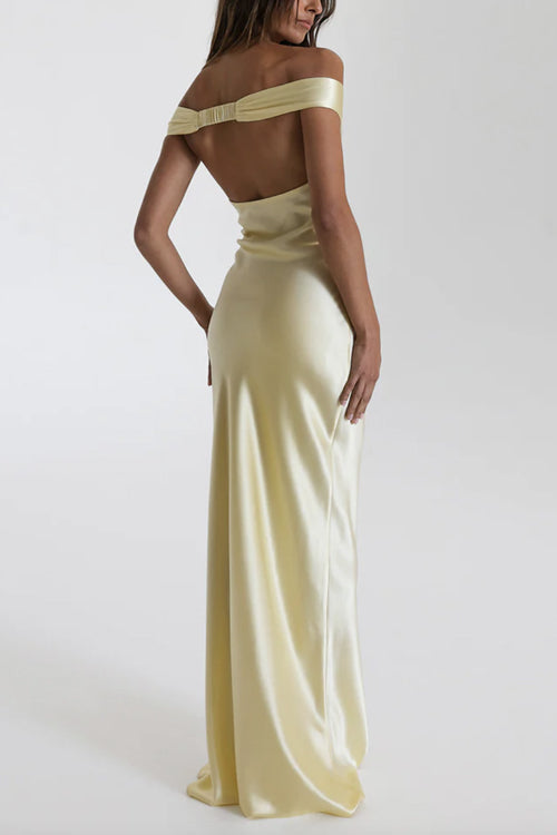 Trixiedress Off Shoulder Backless Cut Out Satin Maxi Dress