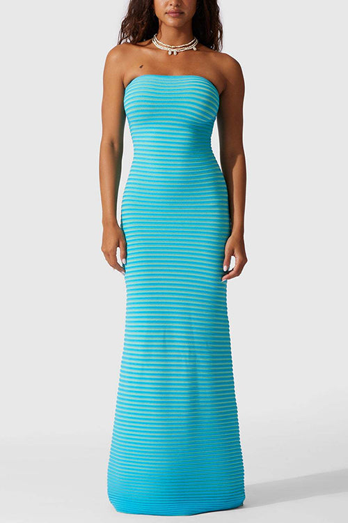 Trixiedress Strapless Tube Striped Knit Maxi Bodycon Dress
