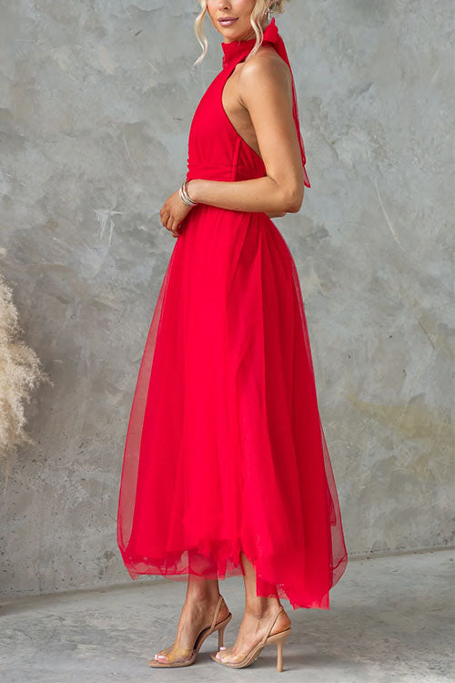 Trixiedress Bow Knot Halter Open Back Tulle Maxi Dress
