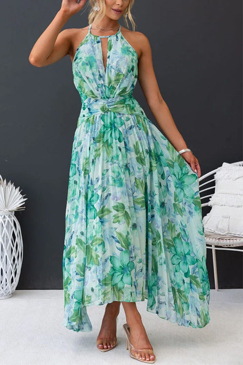 Trixiedress V Neck Waisted Cut Out Floral Pleated Maxi Dress