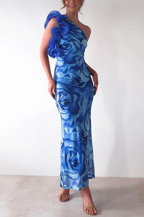 Trixiedress Ruffle One Shoulder Floral Print Bodycon Maxi Dress