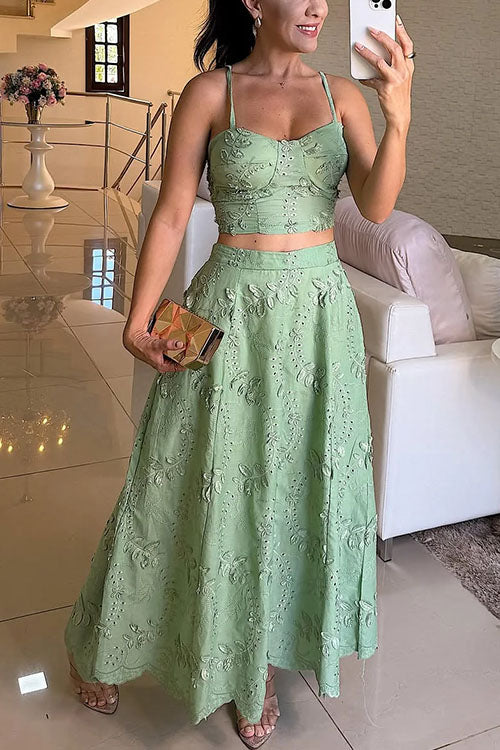 Trixiedress Embroidery Crop Cami Top and Elastic Waist Swing Maxi Skirt Set