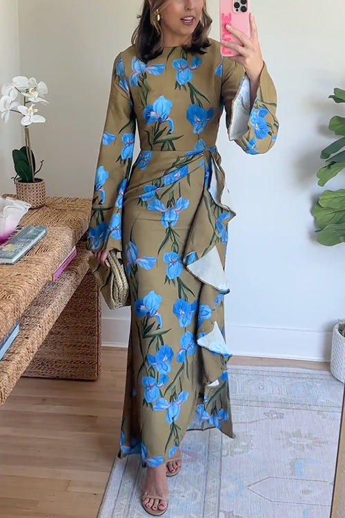 Bell Long Sleeves Floral Print Draped Slit Maxi Dress