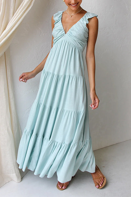 Trixiedress V Neck Ruffle Trim Tiered Sleeveless Linen Maxi Dress
