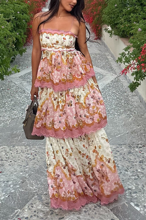 Trixiedress Spaghetti Strap Back Lace-up Ruffle Layered Floral Print Maxi Dress