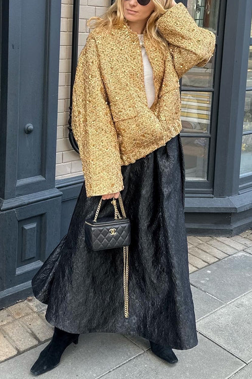 Trixiedress Stand Collar Zip Up Pocketed Sequin Jacket