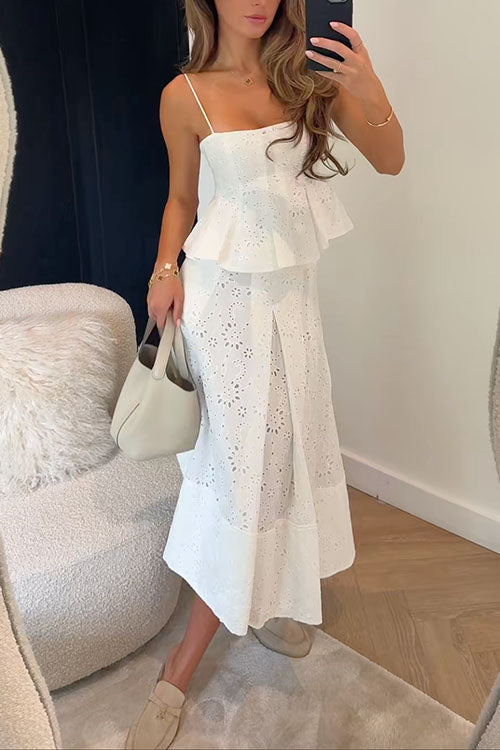 Trixiedress Lace Hollow Out Ruffle Cami Top and A-line Midi Skirt Set