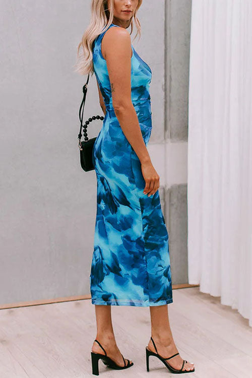 Trixiedress Side Slit Sleeveless Floral Print Bodycon Midi Dress