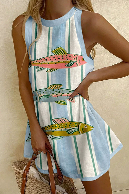 Trixiedress Sleeveless Fish Print Striped Casual Mini Dress