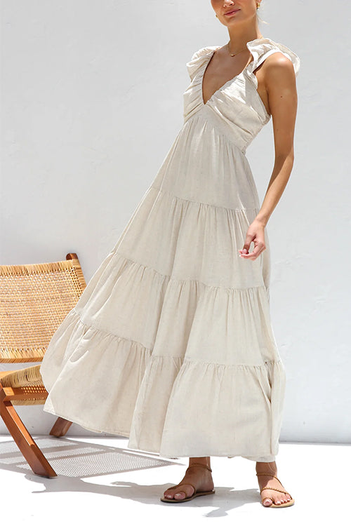 Trixiedress V Neck Ruffle Trim Tiered Sleeveless Linen Maxi Dress