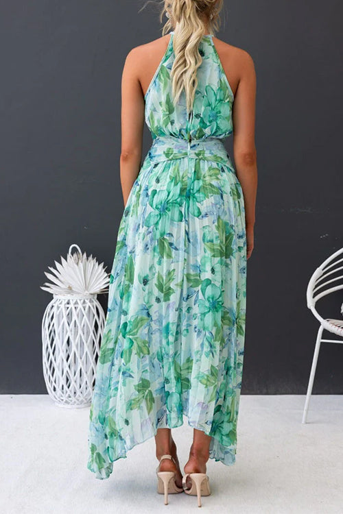 Trixiedress V Neck Waisted Cut Out Floral Pleated Maxi Dress