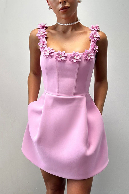 Trixiedress Strappy Floral Neckline Sleeveless Mini Dress