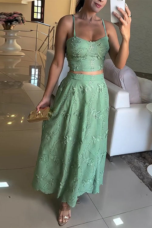 Trixiedress Embroidery Crop Cami Top and Elastic Waist Swing Maxi Skirt Set