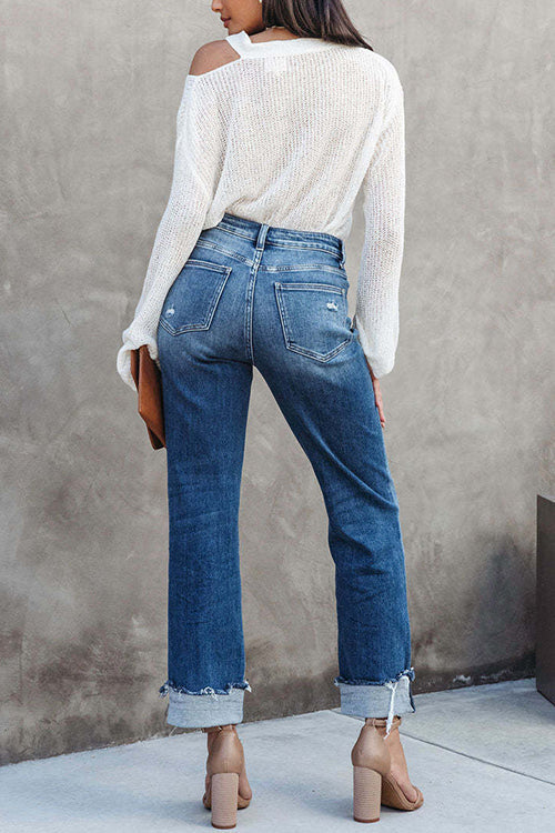 Trixiedress High Waist Straight Leg Ripped Denim Pants