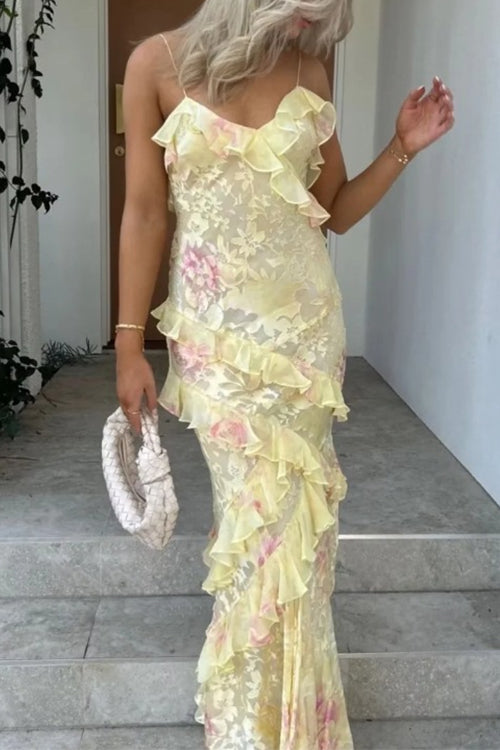 Trixiedress Spaghetti Strap Backless Ruffle Trim Printed Maxi Dress