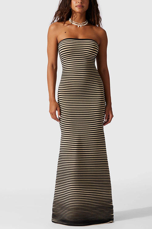 Trixiedress Strapless Tube Striped Knit Maxi Bodycon Dress