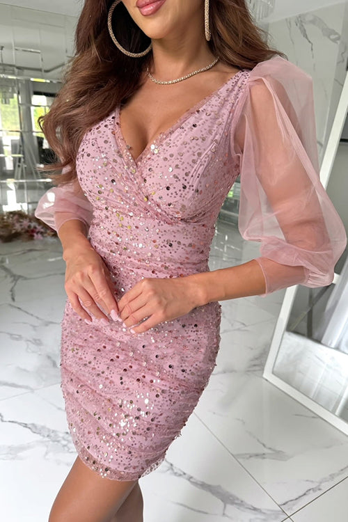 Trixiedress V Neck Ruched Mesh Sequin Bodycon Mini Dress