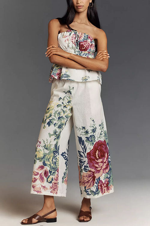 Trixiedress Floral Print Strapless Ruffle Tube Top and Smocked Waist Wide Leg Pants
