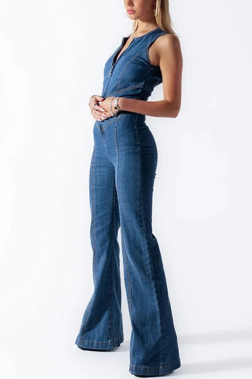 Trixiedress Zip Up Sleeveless Heart Back Bell Bottom Denim Jumpsuit