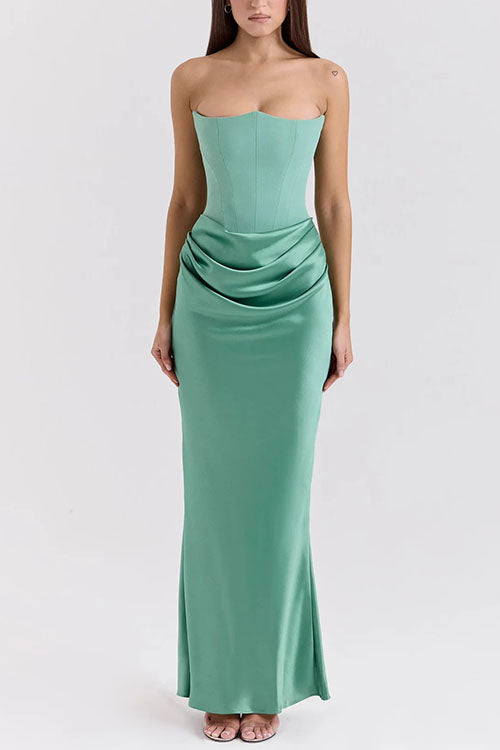 Trixiedress Strapless Ruched Satin Splice Bodycon Maxi Dress