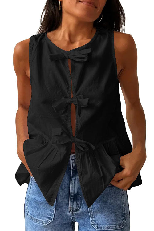 Trixiedress Bow Front Sleeveless Cotton Linen Ruffle Top(in 6 Colors)