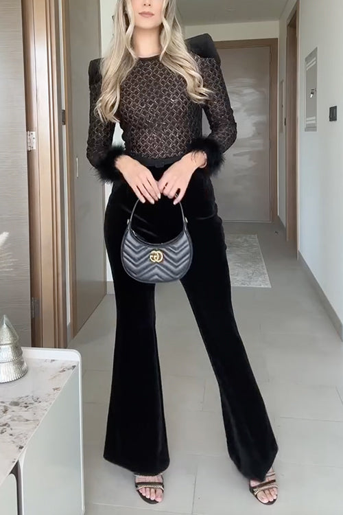 Trixiedress Feather Cuffs Bell Bottom Velvet Splice Jumpsuit