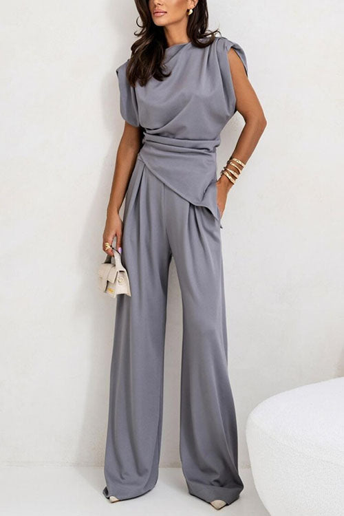 Trixiedress Ruched Asymmetrical Top and Wide Leg Pants Set