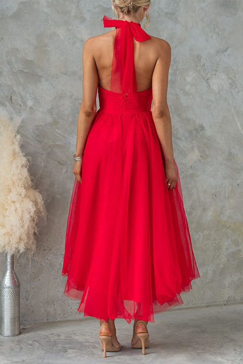 Trixiedress Bow Knot Halter Open Back Tulle Maxi Dress