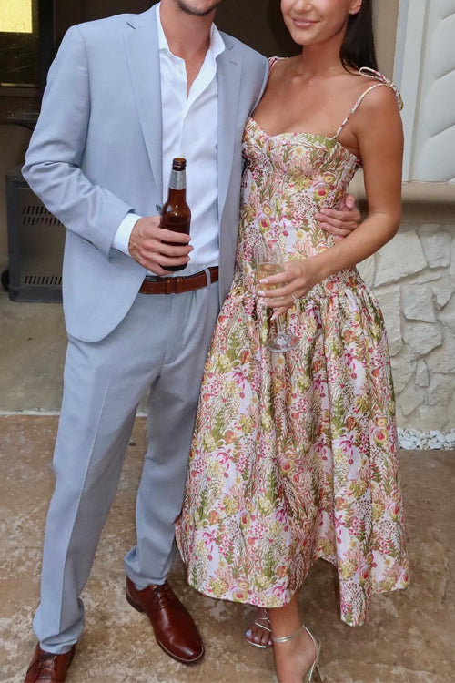 Tie Shoulder Drop Waist Jacquard Midi Cami Dress