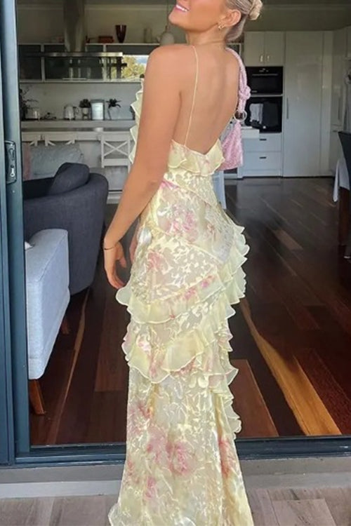 Trixiedress Spaghetti Strap Backless Ruffle Trim Printed Maxi Dress