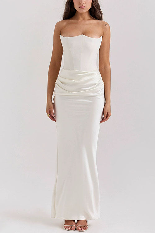 Trixiedress Strapless Ruched Satin Splice Bodycon Maxi Dress