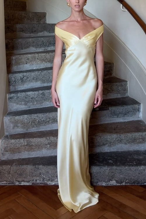 Trixiedress Off Shoulder Backless Cut Out Satin Maxi Dress