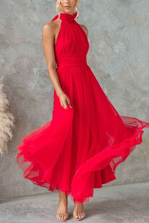 Trixiedress Bow Knot Halter Open Back Tulle Maxi Dress