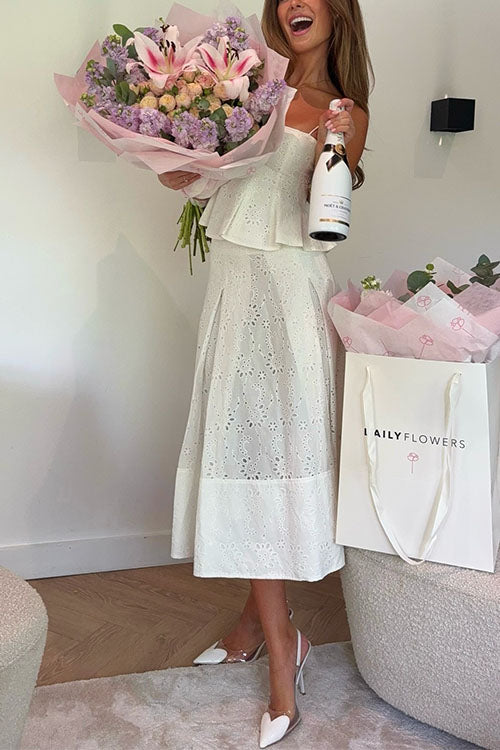 Trixiedress Lace Hollow Out Ruffle Cami Top and A-line Midi Skirt Set