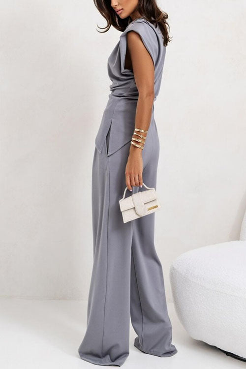 Trixiedress Ruched Asymmetrical Top and Wide Leg Pants Set
