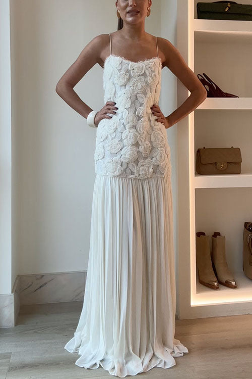 Trixiedress Spaghetti Strap Floral Applique Patchwork Maxi Dress