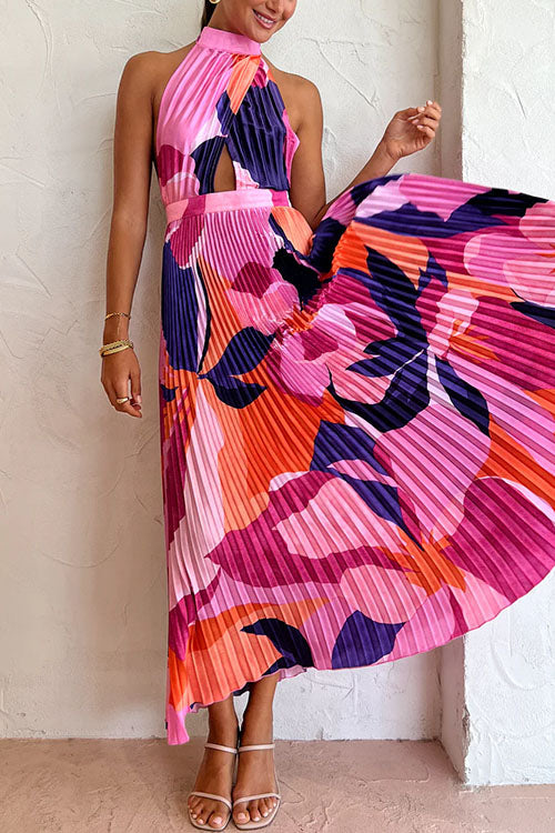 Trixiedress Halter Backless Cut Out Printed Maxi Pleated Dress