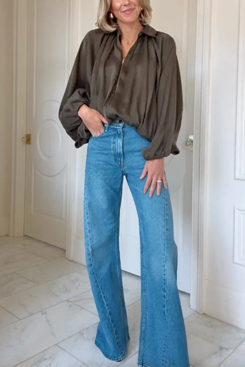 High Waist Pocketed Bell Bottom Denim Pants