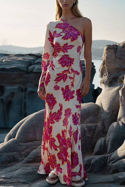Trixiedress One Shoulder Long Sleeve Floral Print Maxi Dress