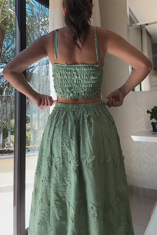 Trixiedress Embroidery Crop Cami Top and Elastic Waist Swing Maxi Skirt Set