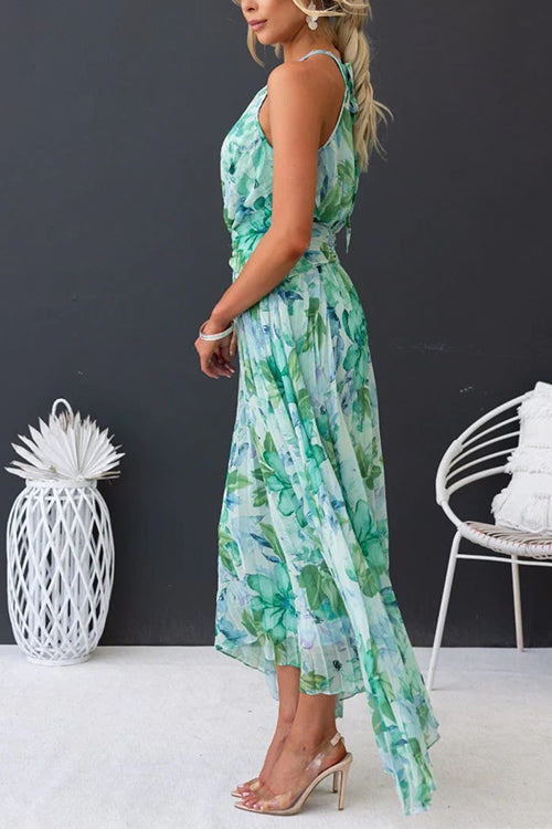 Trixiedress V Neck Waisted Cut Out Floral Pleated Maxi Dress