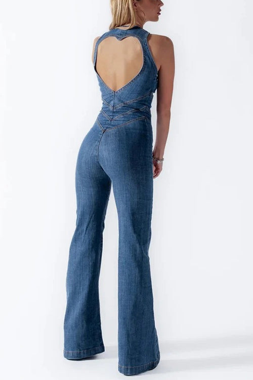 Trixiedress Zip Up Sleeveless Heart Back Bell Bottom Denim Jumpsuit