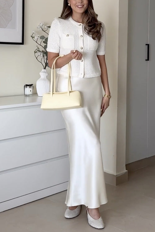 Trixiedress Elegant High Rise Satin Midi Skirt