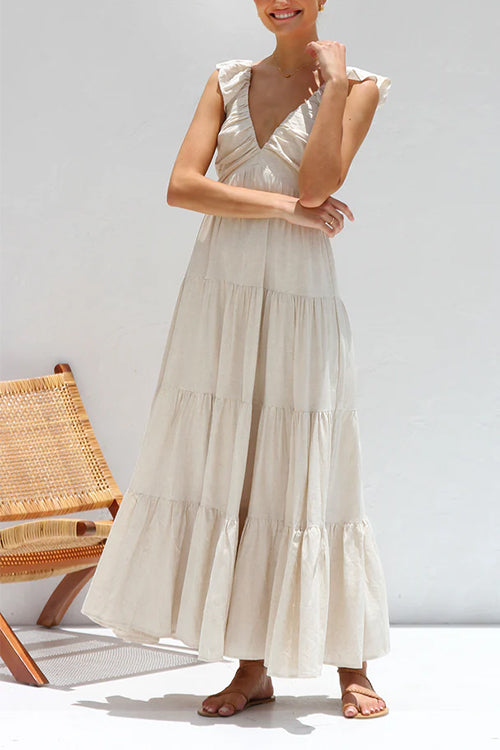 Trixiedress V Neck Ruffle Trim Tiered Sleeveless Linen Maxi Dress
