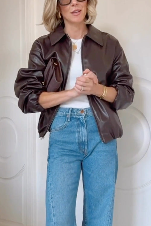 Trixiedress Lapel Zip Up Faux Leather Bomber Jacket