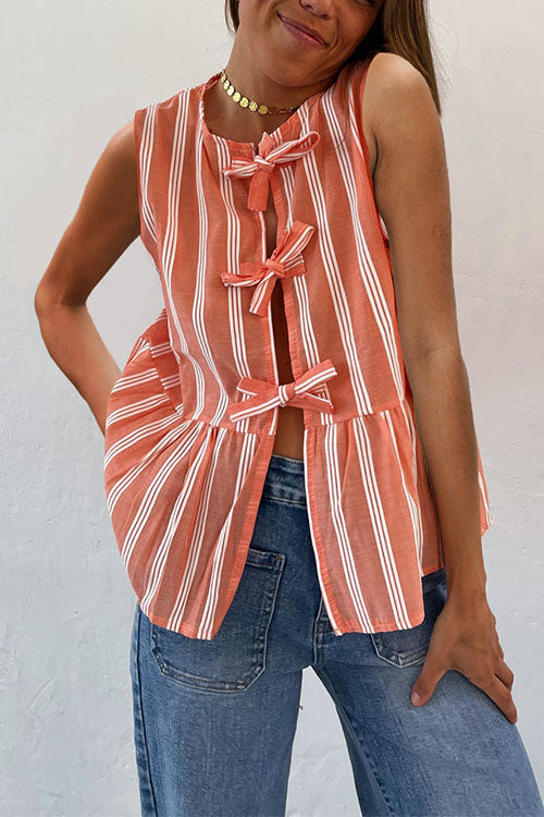 Trixiedress Crewneck Sleeveless Striped Ruffle Bow Top