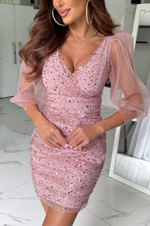 Trixiedress V Neck Ruched Mesh Sequin Bodycon Mini Dress