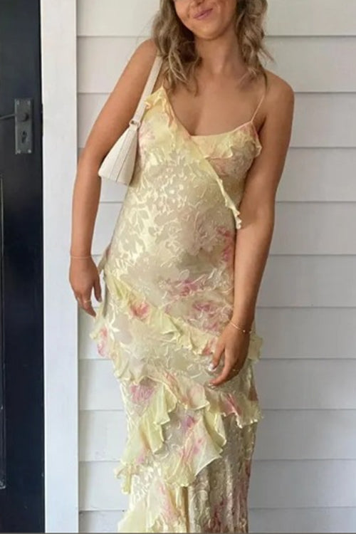 Trixiedress Spaghetti Strap Backless Ruffle Trim Printed Maxi Dress