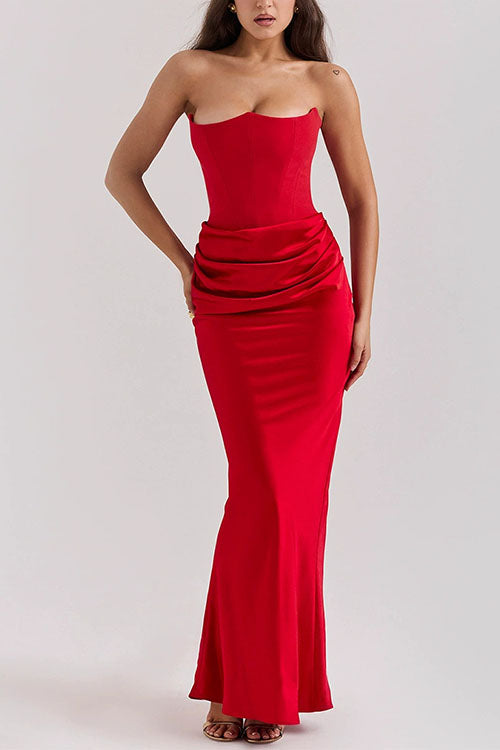 Trixiedress Strapless Ruched Satin Splice Bodycon Maxi Dress